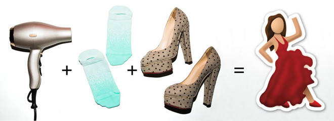 Những đôi giày mới mua còn chật, cộng với lớp da cứng gây đau rát sẽ nhanh chóng mềm mại, vừa chân hơn nếu bạn dùng máy sấy tóc. Cách thực hiện khá đơn giản, chỉ cần mang vớ dày trước khi mang giày. Dùng máy sấy nóng đôi giày và đi bộ xung quanh cho đến khi đôi giày mới nguội đi. Nhiệt độ cao sẽ làm lớp da giày mềm và giãn ra, cũng như lớp vớ dày tác động lên phần mũi giúp giày dài thêm một ít. Nhờ đó bạn sẽ thấy vừa chân hơn.