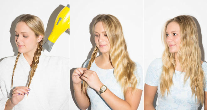  Nếu muốn tạo tóc xoăn gợn sóng nhanh chóng, bạn nên bện tóc thành 2 bím. Dùng máy sấy thẳng vào bím tóc.