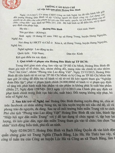 bắt tạm giam Hoàng Đức Bình, Formosa, Hoàng Đức Bình, Bạch Hồng Quyền, Lộc Hà, huyện Lộc Hà, Hà Tĩnh