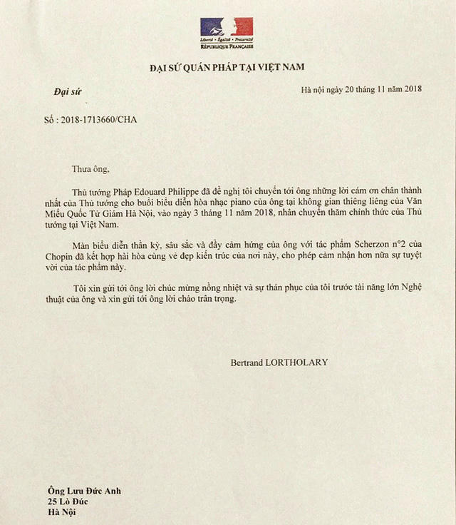 Lời cảm ơn và thư chúc mừng từ Thủ tướng Pháp Edouard Philippe nhờ Đại sứ quán Pháp tại Việt Nam gửi tới nghệ sĩ Lưu Đức Anh.
