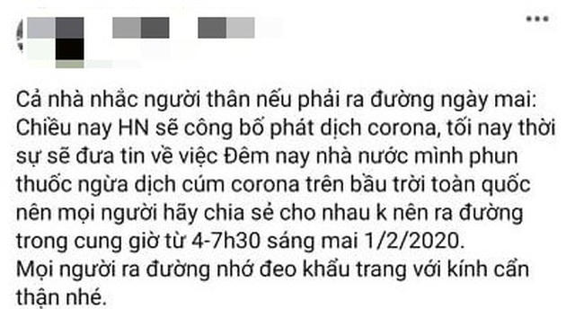 Bộ Y tế bác bỏ hoang tin “Phun thuốc ngừa corona trên bầu trời toàn quốc vào đêm nay” - 1