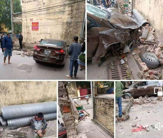 Tài xế nghi say xỉn tông sập bờ tường, 2 vợ chồng đi xe máy trọng thương - Ảnh 1.