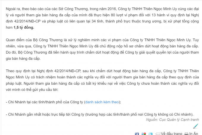 Thông báo được đăng tải trên trang web của Bộ Công thương.