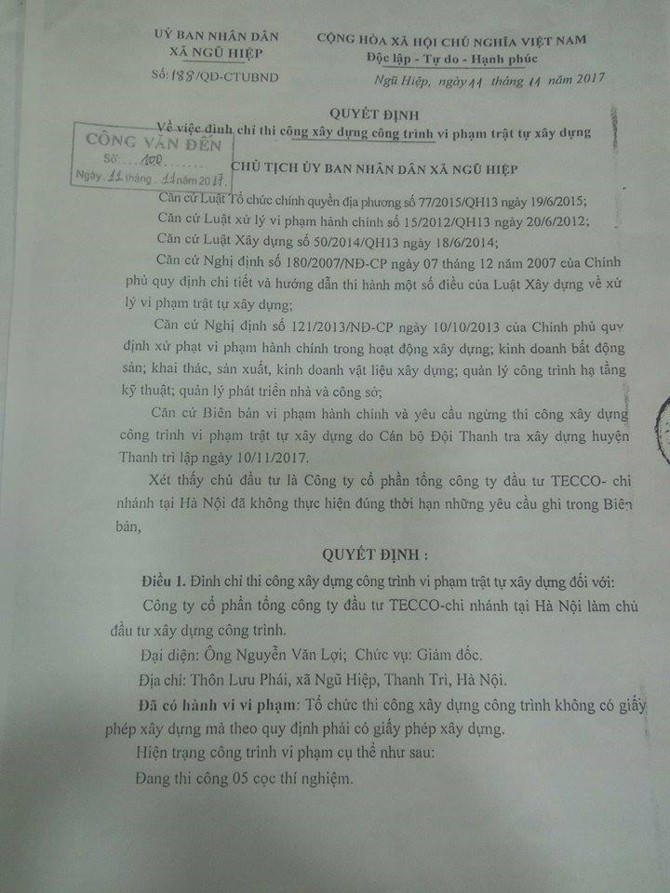 Quyết định đình chỉ thi công xây dựng đối với Công ty CP tổng công ty đầu tư TECCO.