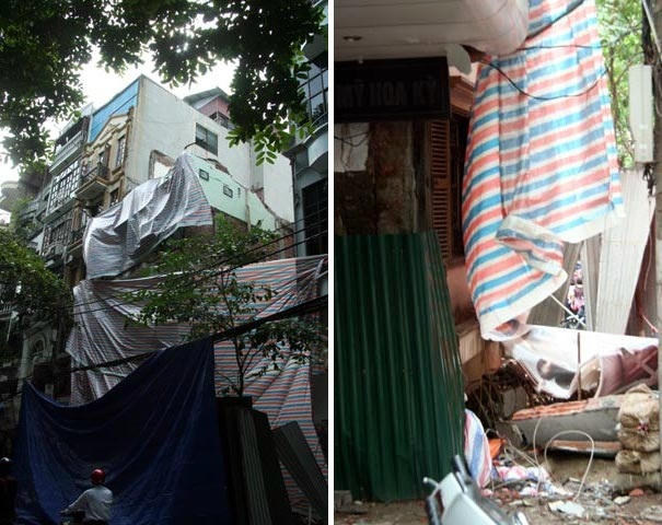 Nhà sập bị phong toả (ảnh trái) và tầng 2 bị sập xuống tầng1