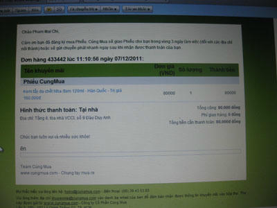 Phiếu xác nhận đơn hàng mua sản phẩm của chị Phạm Mai Chi do cungmua.com gửi lại vào mail.