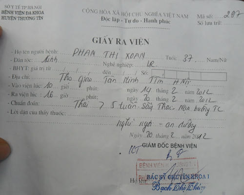 Bệnh viện xác nhận chị Xoan đã bị sẩy thai
