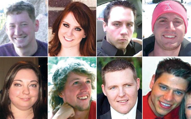 Các nạn nhân (từ trái qua theo chiều kim đồng hồ): John Larimer, Jessica Ghawi, Matt McQuinn, Alex Teves, Jon Blunk, Alex Sullivan, AJ Boik và Micayla Medek. Ảnh: Telegraph