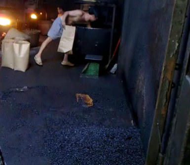 đậu nành sau khi rang được đổ ra nền xi măng đầy ghét bẩn chờ nguội để trộn các loại hóa chất