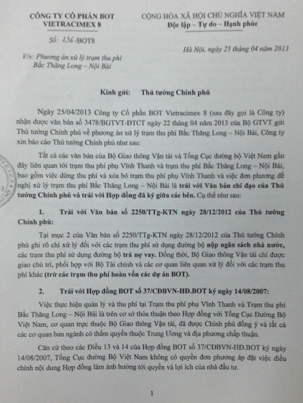Văn bản của Vietracimex 8 gửi Thủ tướng Chính phủ