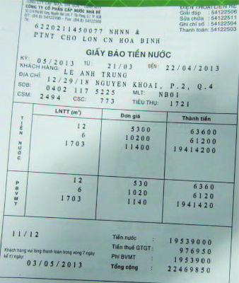 Hóa đơn tiền nước tháng 5