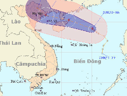 Vị trí tâm bão và hướng đi bão số 2 vào lúc 17h ngày 21/6.