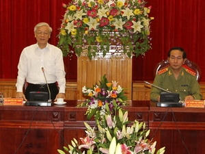 Tổng Bí thư Nguyễn Phú Trọng phát biểu tại buổi thăm và làm việc tại Bộ Công an. 