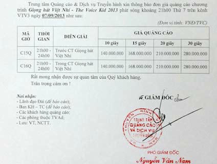 Báo giá quảng cáo “khủng” của đêm chung kết Giọng hát Việt nhí 2013 - Ảnh: VOV