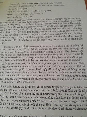Gây án giết người chỉ vì một phút nóng giận giờ ân hận gửi vào trang thư