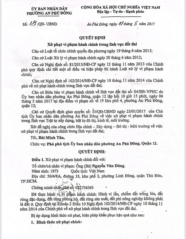 Phường An Phú Đông, Quận 12 (TP HCM): Một quyết định xử phạt cần được xem xét lại căn cứ pháp lý