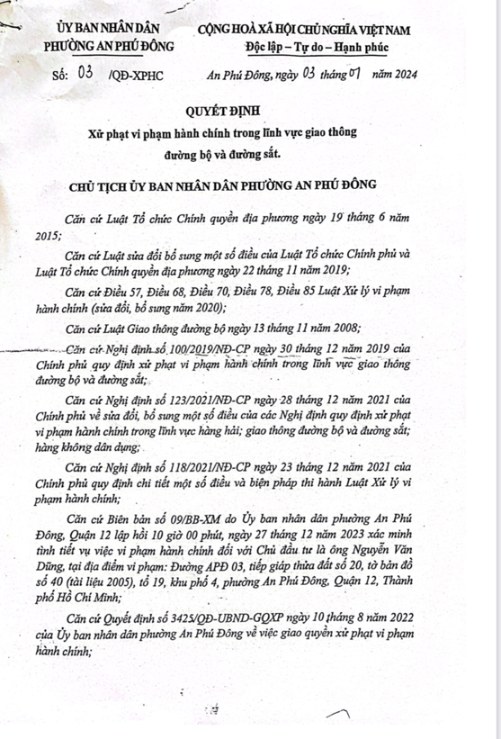 Phường An Phú Đông, Quận 12 (TP HCM): Một quyết định xử phạt cần được xem xét lại căn cứ pháp lý
