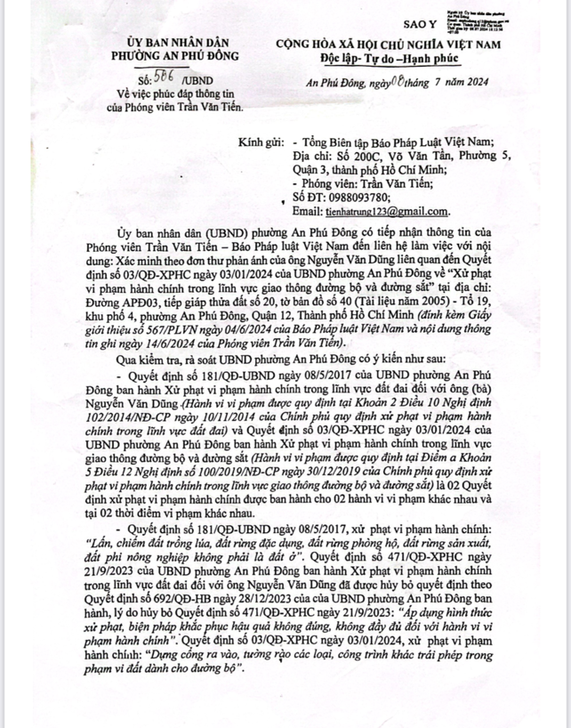 Phường An Phú Đông, Quận 12 (TP HCM): Một quyết định xử phạt cần được xem xét lại căn cứ pháp lý