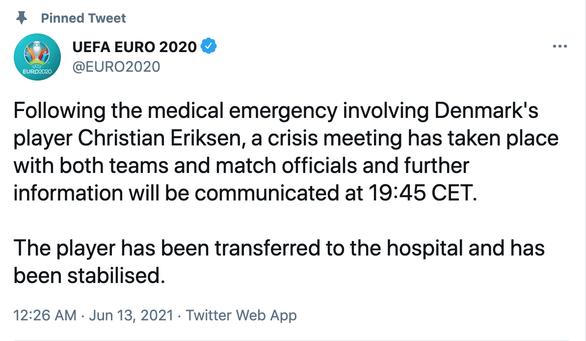 Đang đá, tiền vệ Christian Eriksen bất tỉnh ngay trên sân, trận Đan Mạch - Phần Lan phải tạm hoãn