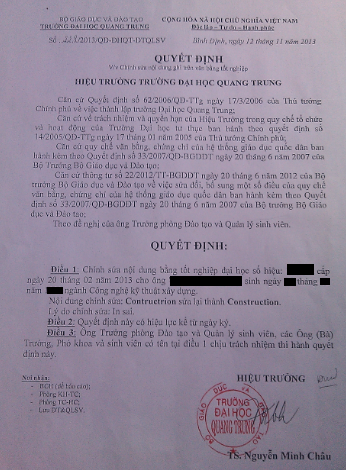 ĐH Quang Trung cấp hàng trăm tấm bằng sai chính tả, làm khó sinh viên