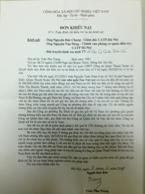 Công dân khiếu nại Quyết định tạm đình chỉ vụ án hình sự của CA quận Thanh Xuân