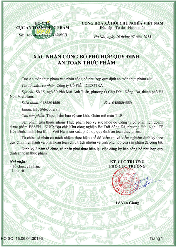 Cty Thiên Lộc Phát phân phối độc quyền thực phẩm bảo vệ sức khoẻ Giảm mỡ máu TLP