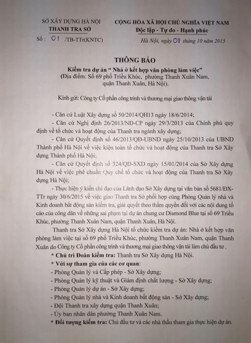 Hà Nội: Phát lộ hàng loạt sai phạm tại Dự án Diamond Blue - 69 Triều Khúc