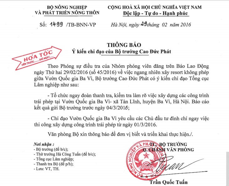 Đình chỉ ngay việc xây dựng trái phép resort ở Vườn Quốc gia Ba Vì