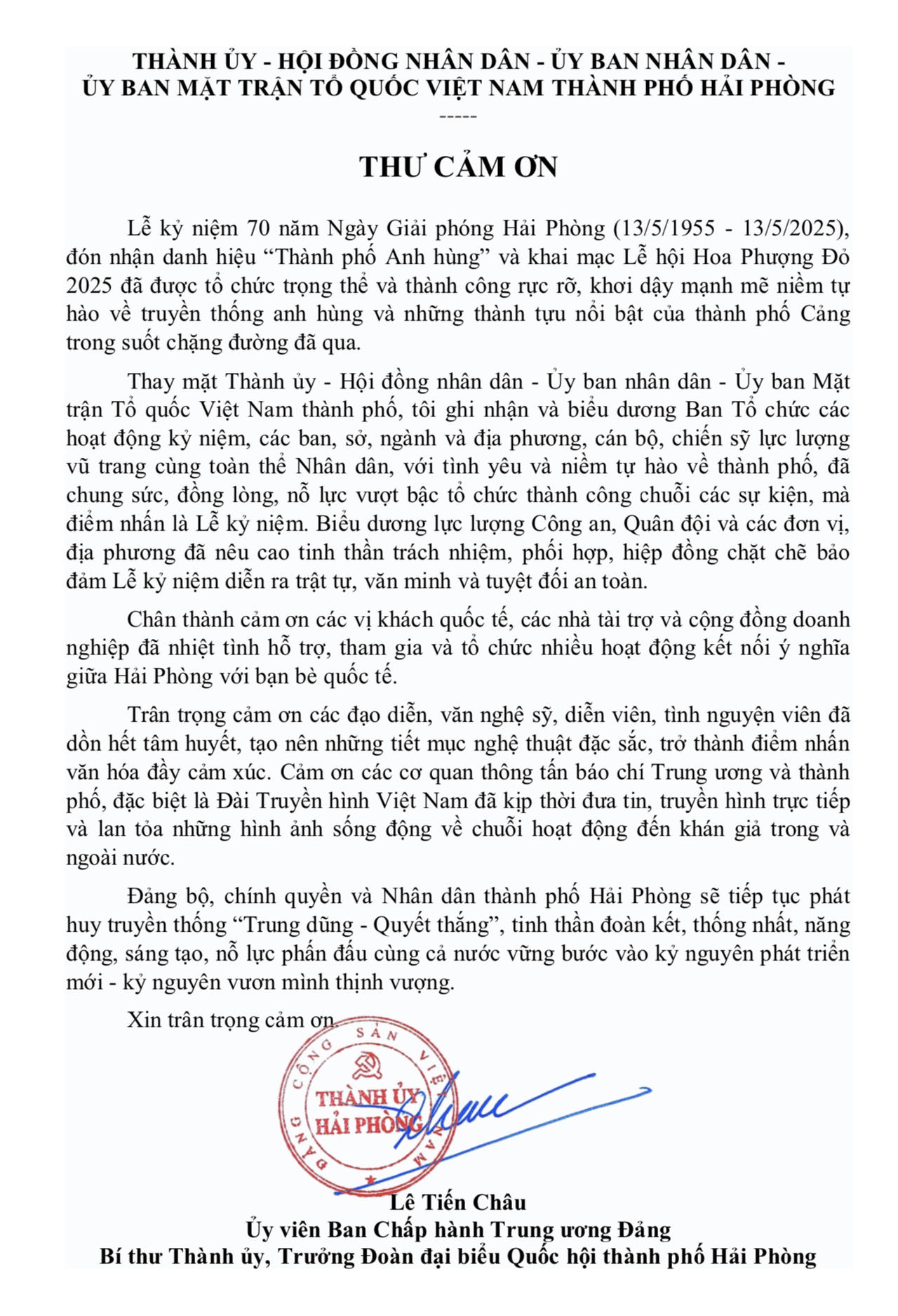 Thư cảm ơn của Bí thư Thành uỷ Hải Phòng sau thành công Lễ kỷ niệm 70 năm Ngày Giải phóng Hải Phòng 