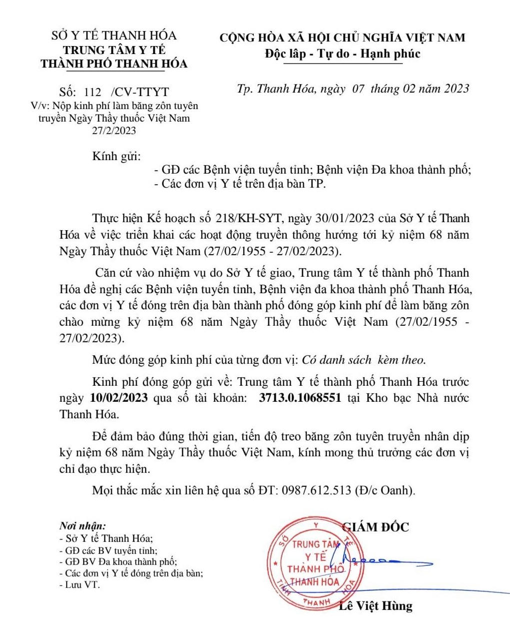 Trung tâm y tế gửi công văn “xin tiền” các bệnh viện để làm băng rôn