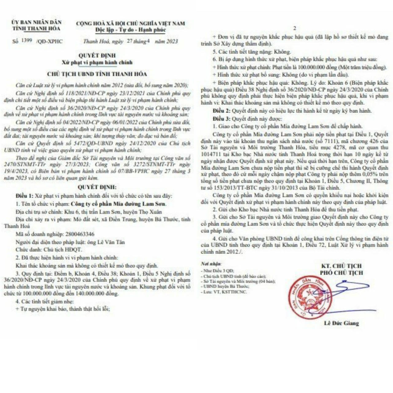 Thanh Hóa: Công ty CP Mía đường Lam Sơn bị phạt 100 triệu đồng