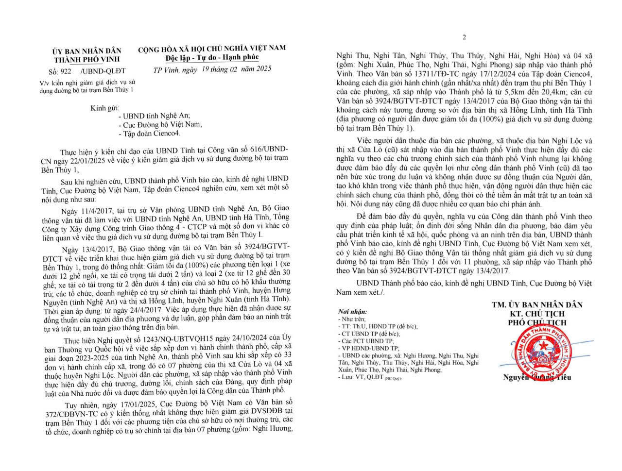 Kiến nghị giảm giá phí qua trạm Bến Thủy 1