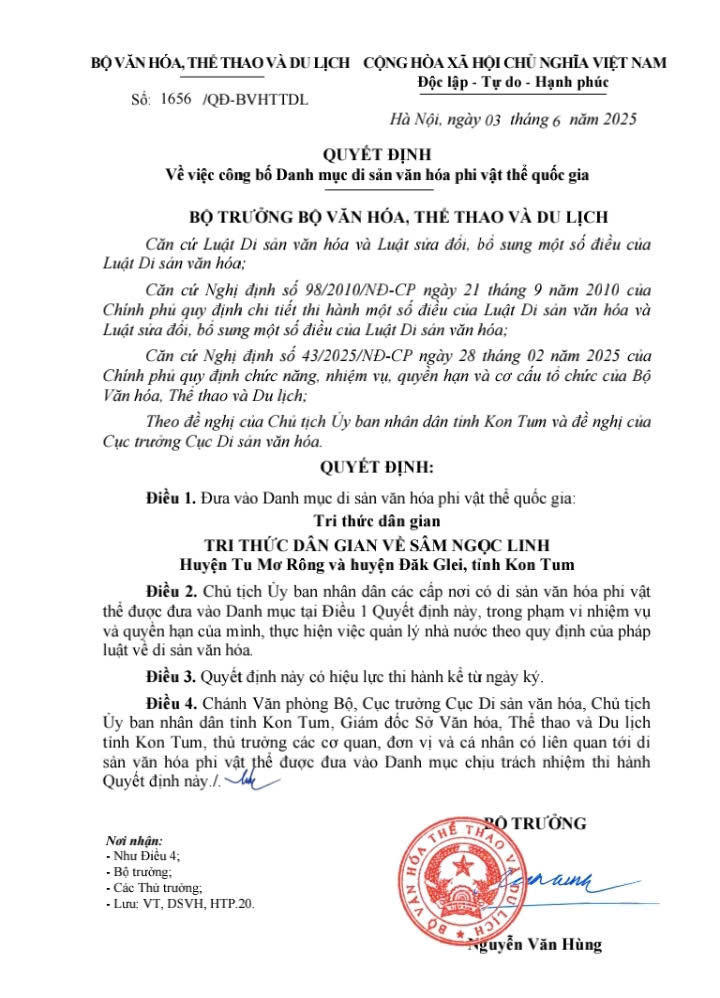 Sâm Ngọc Linh được công nhận là Di sản Văn hóa Phi vật thể Quốc gia 