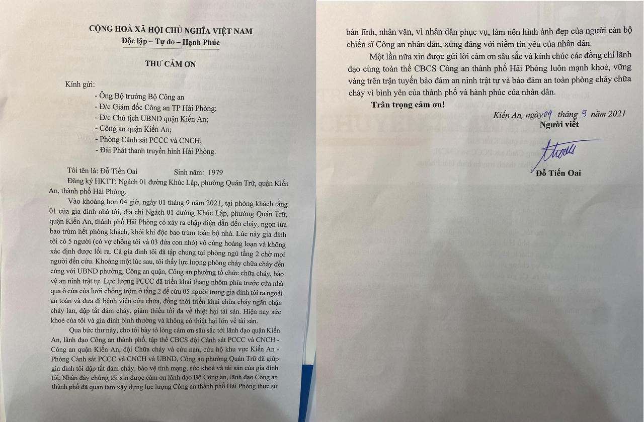 Người dân Hải Phòng gửi thư cảm ơn lực lượng Cảnh sát PCCC