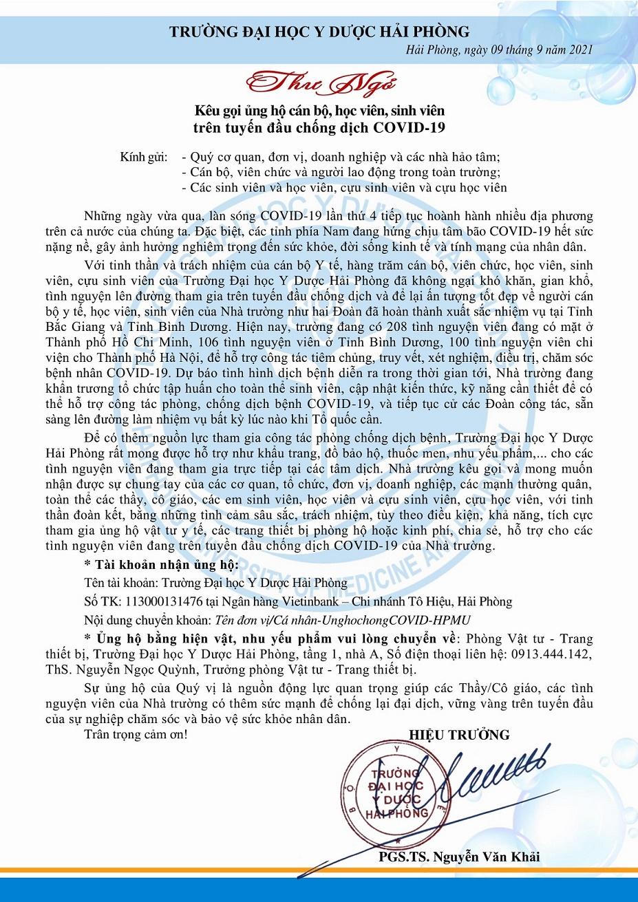 ĐH Y Dược Hải Phòng kêu gọi ủng hộ cán bộ, sinh viên trên tuyến đầu chống dịch