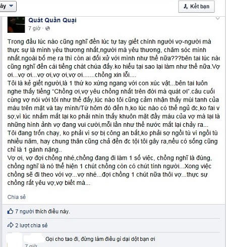 Hà Nội: Giết vợ rồi lên Facebook sám hối?