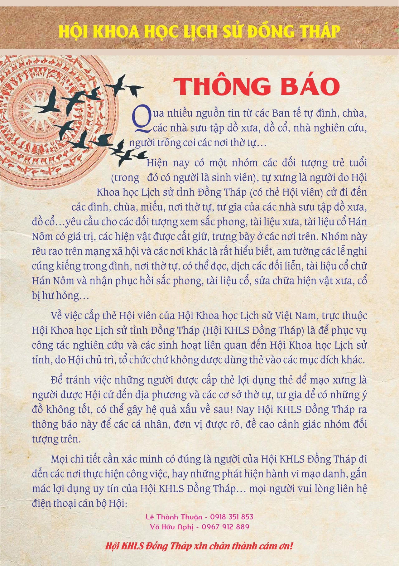 Cảnh báo việc giả danh Hội Khoa học Lịch sử Đồng Tháp 