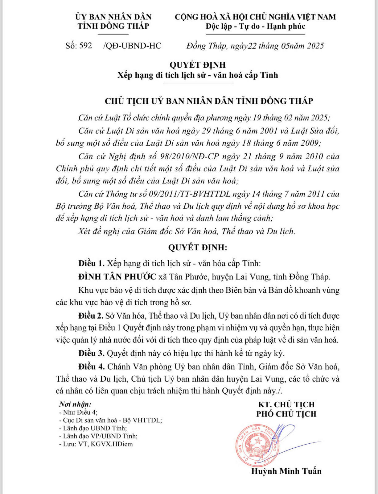 Đình Tân Phước (Đồng Tháp) được công nhận di tích cấp tỉnh sau phản ánh của Báo Pháp luật Việt Nam 