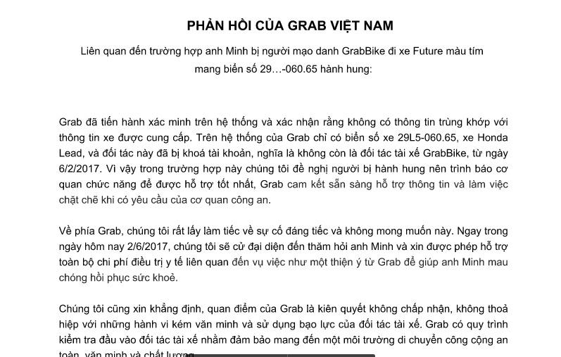 Grab phản hồi nghi vấn tài xế GrabBike đánh người