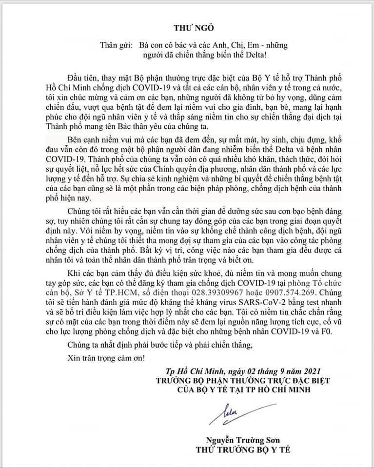 Thư kêu gọi bệnh nhân F0 gây xúc động của Thứ trưởng Bộ Y tế