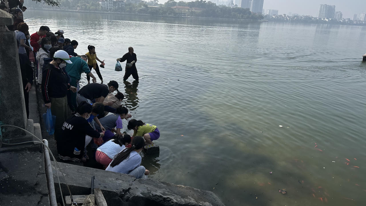 Cá chép tiễn ông Táo 'lên xe cảnh sát' Hà Nội ra sông Hồng 