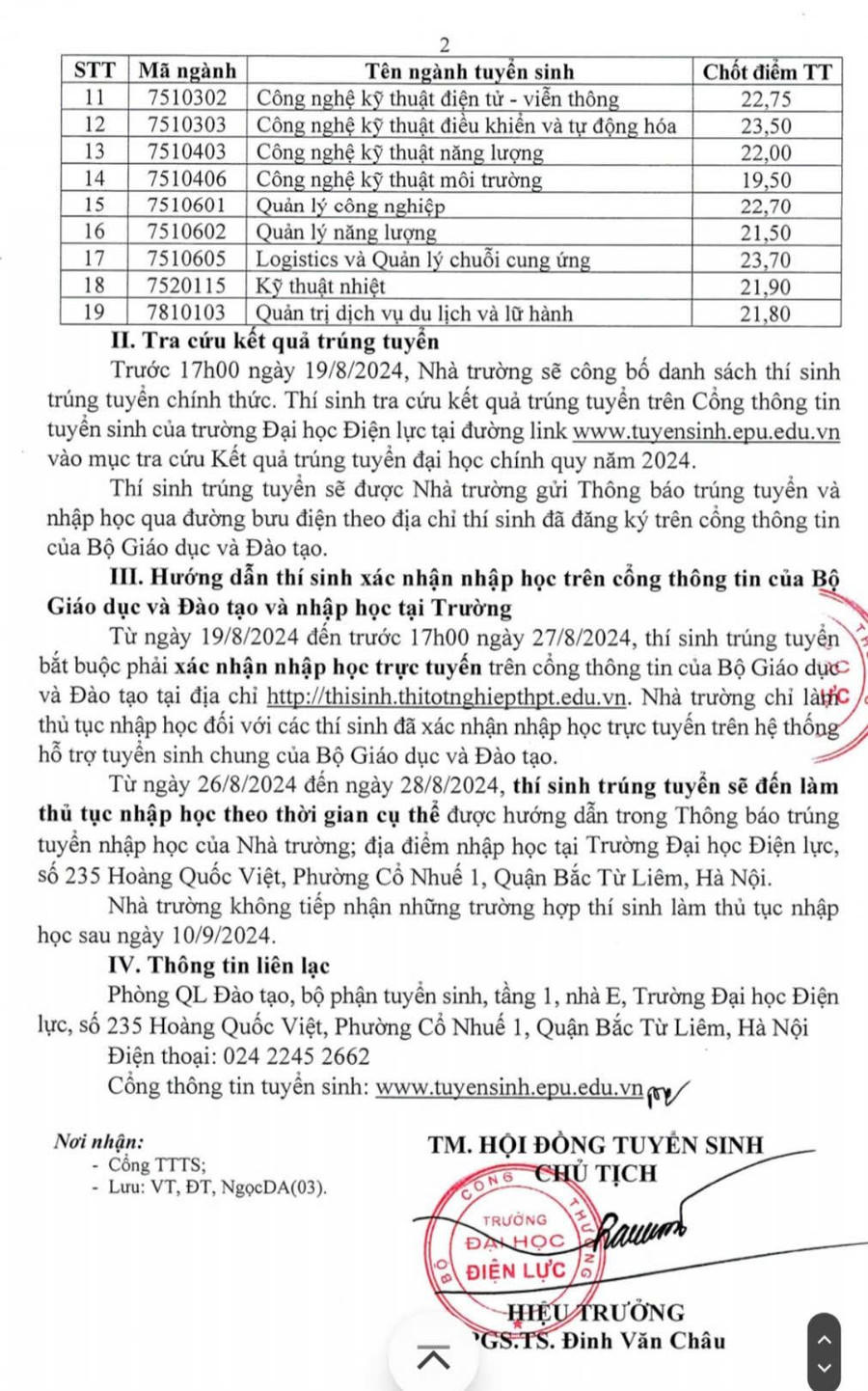 Trường Đại học Điện lực công bố điểm chuẩn năm 2024