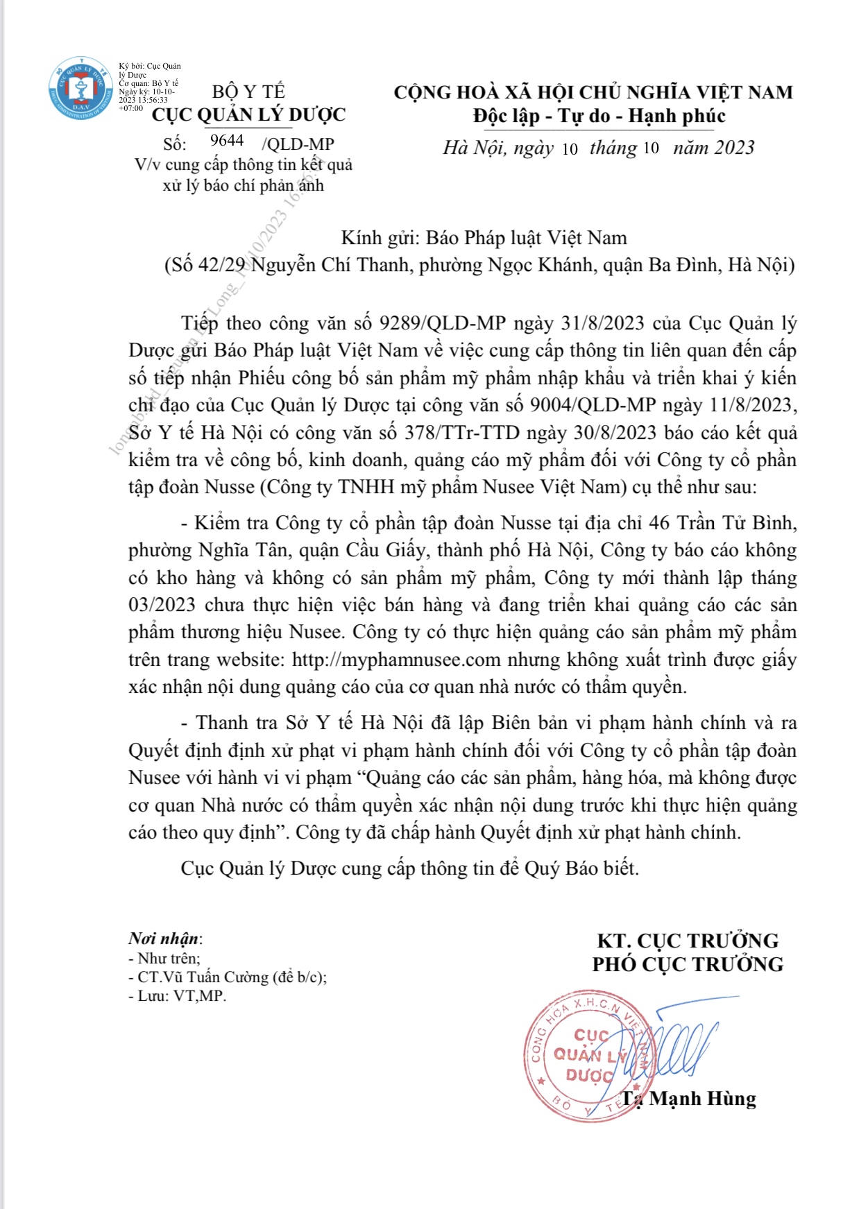 Bài 2: Công ty Cổ phần tập đoàn Nusee bị xử phạt vì vi phạm về Quảng cáo. 