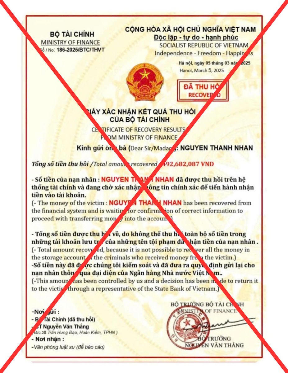 Cảnh báo giả mạo Bộ Tài chính để lừa đảo 