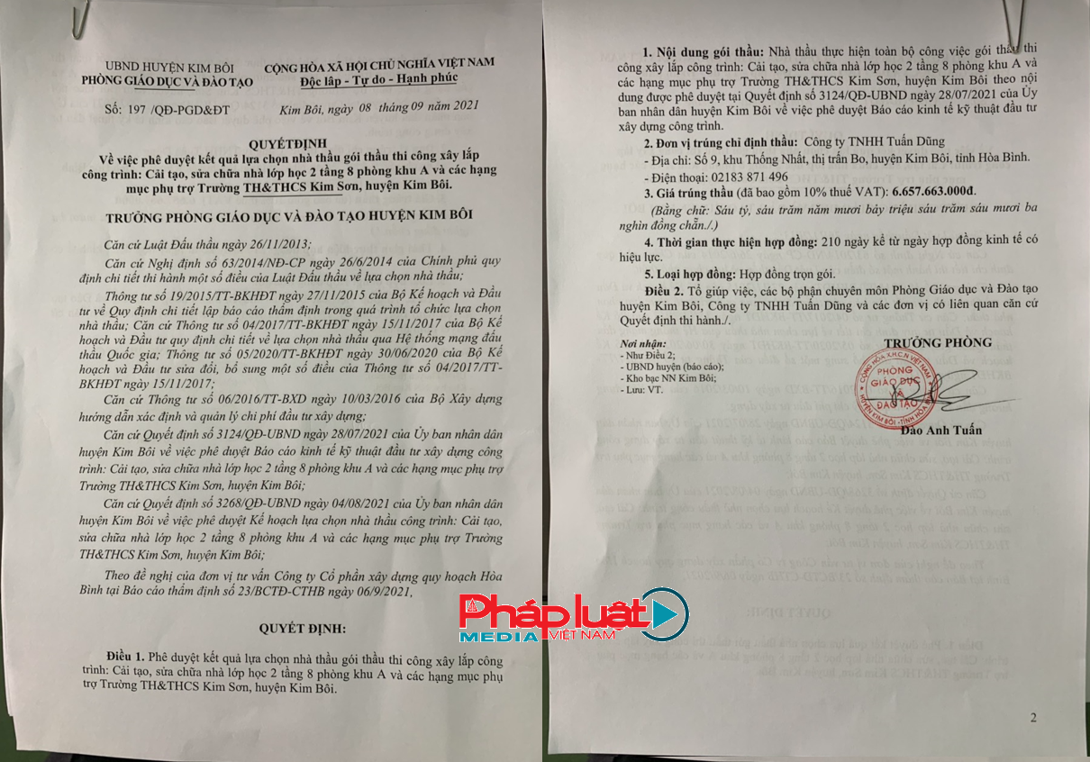 Hòa Bình: Vì sao Phòng Giáo dục và Đào tạo huyện Kim Bôi chỉ định thầu gói vượt hạn mức?