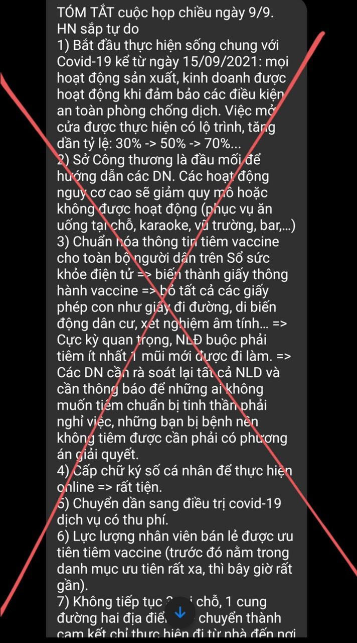 Thông tin Hà Nội sống chung với COVID-19 kể từ ngày 15/9 là giả