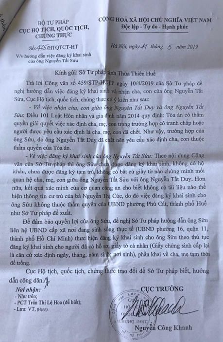 34 tuổi mới làm được giấy khai sinh, người đàn ông viết thư cảm ơn Sở Tư pháp tỉnh Thừa Thiên Huế