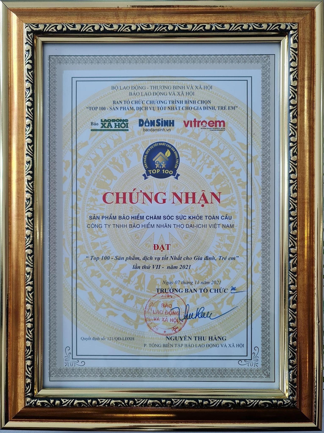 Dai-ichi Life Việt Nam được vinh danh trong “Top 100 - Sản phẩm, Dịch vụ tốt nhất cho Gia đình, Trẻ em” năm 2021