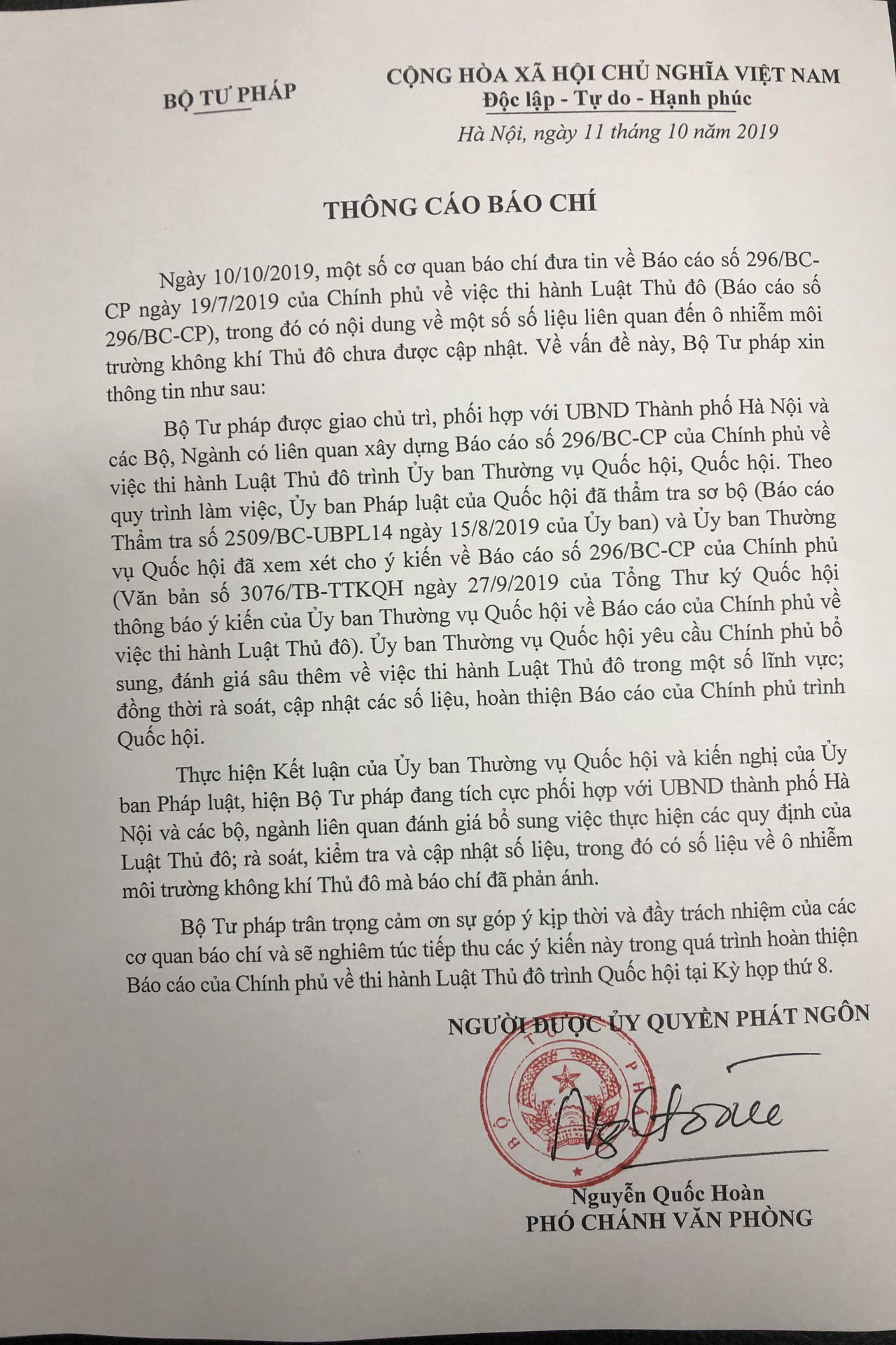 Bộ Tư pháp sẽ phối hợp rà soát, cập nhật số liệu về ô nhiễm môi trường không khí Thủ đô 