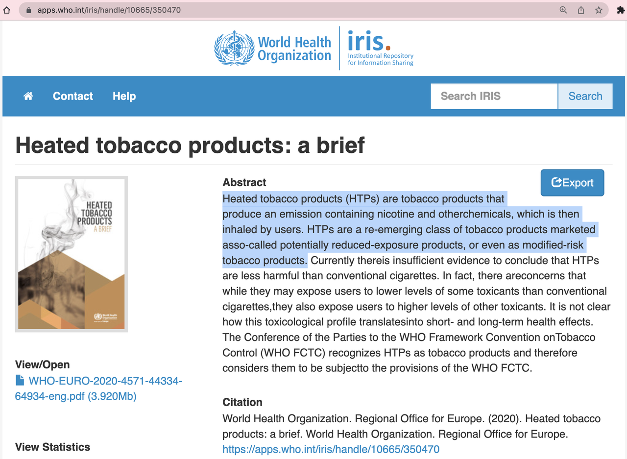WHO phân biệt hàm lượng chất gây hại giữa thuốc lá làm nóng và thuốc lá điếu